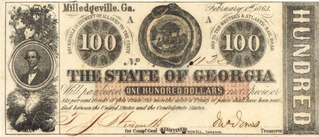 The State of Georgia - CR-6 $100 - Obsolete Notes - Paper Money - US - Obsolete