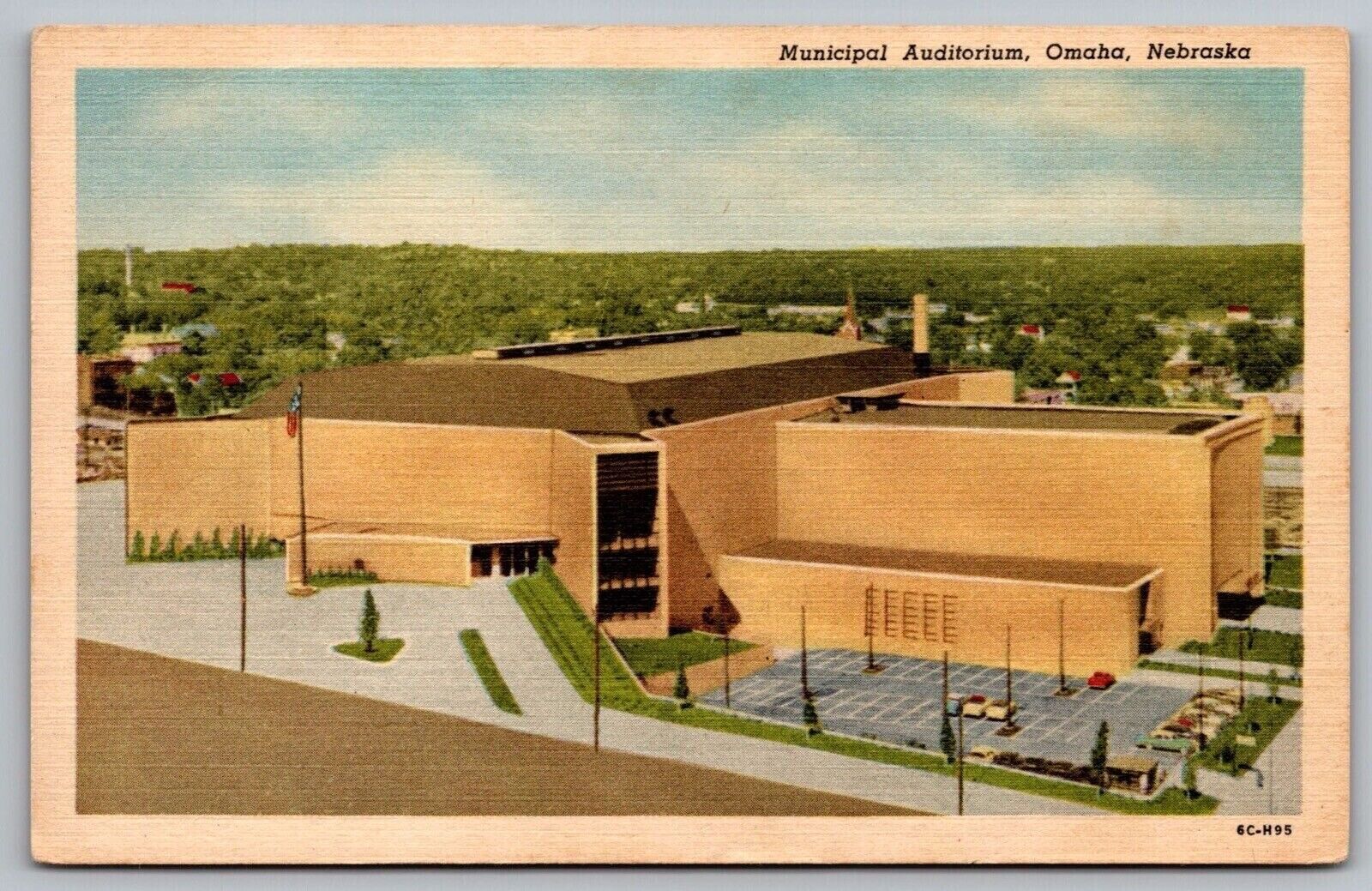 Municipal Auditorium Omaha Nebraska Birds Eye View American Flag VNG Postcard