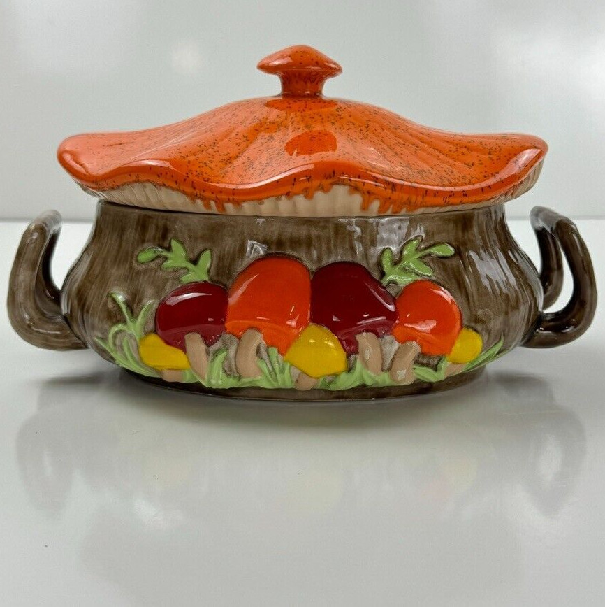 Arnel's Vintage Ceramic Hand Painted Mushroom Tureen Bowl With Lid Colorful