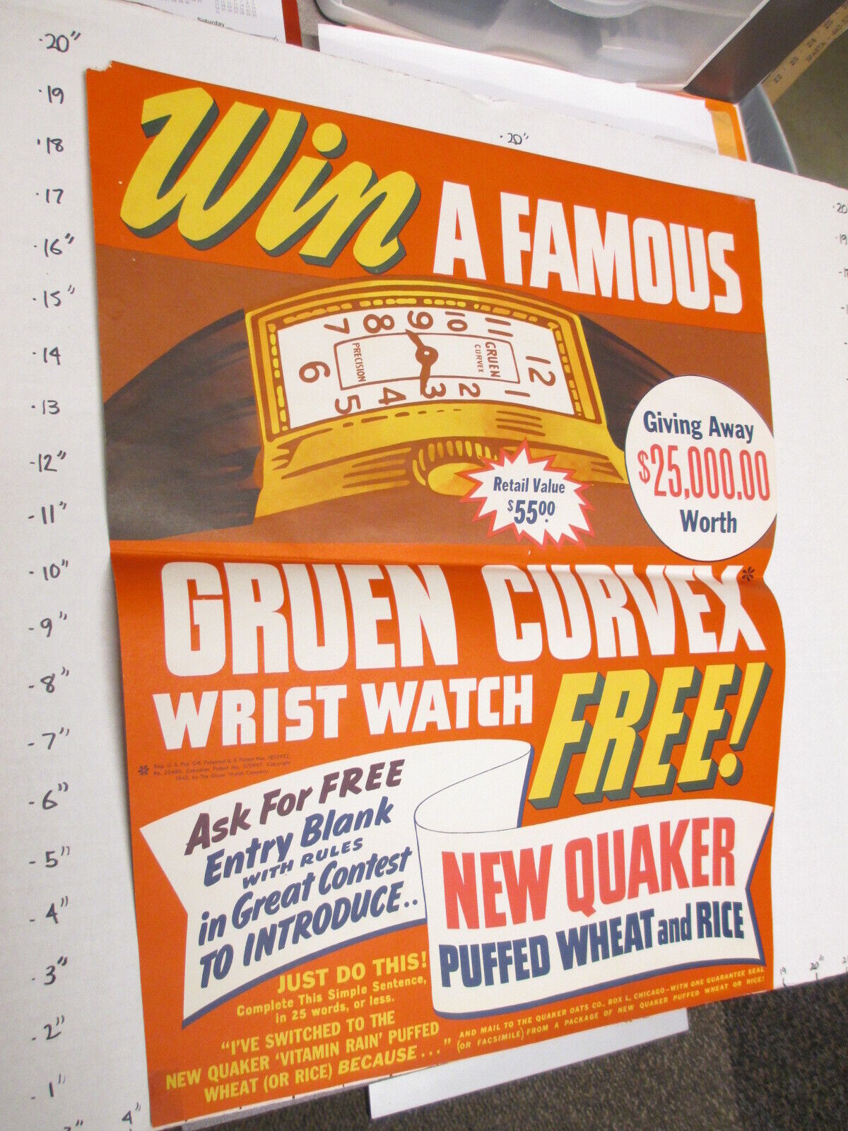 Quaker Puffed wheat rice cereal box 1940 store sign poster Gruen Curvex watch