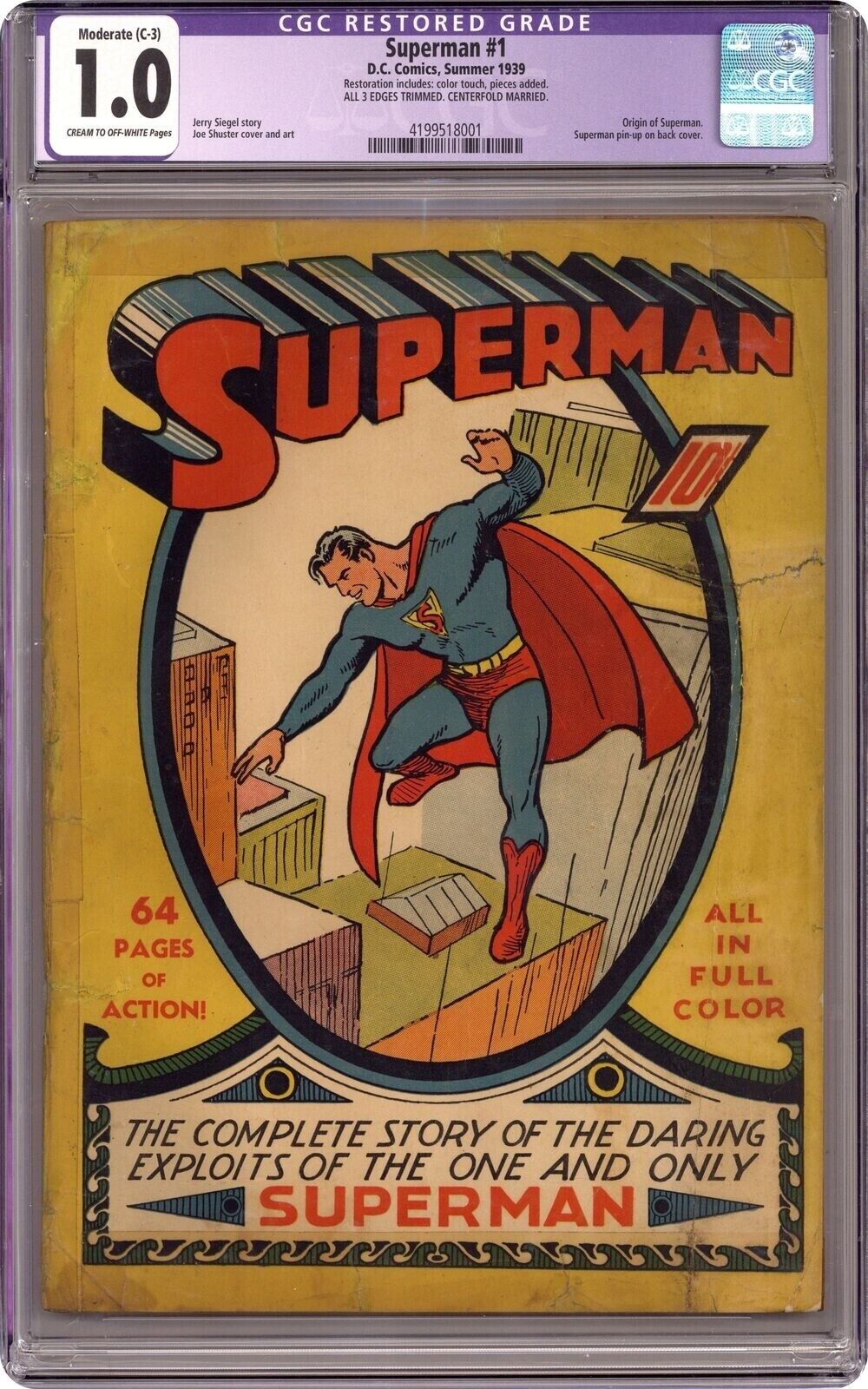 Superman #1 1939 Comic Book CGC Restored Grade 1.0-Rare Collectible