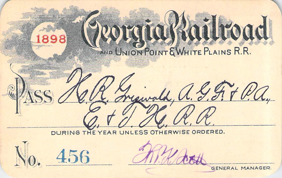 GEORGIA UNION POINT WHITE PLAINS 1898  LOW # 456  RAILROAD RAILWAY PASS