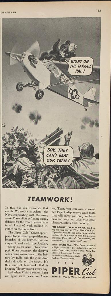 Magazine Ad* - 1944 - Piper Cub - World War 2 - Teamwork