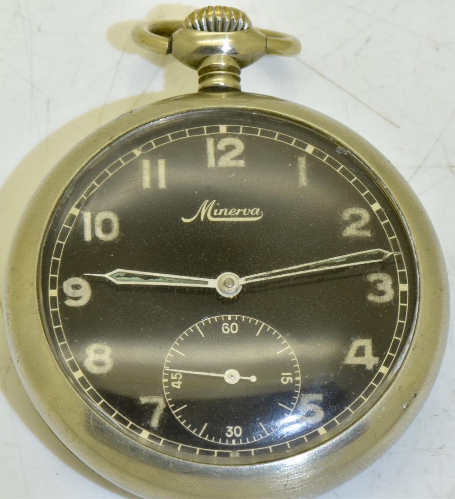 Antique Pocket Watch Minerva WWII Era Bulgarian Kingdom Pilot's Black Dial 1940