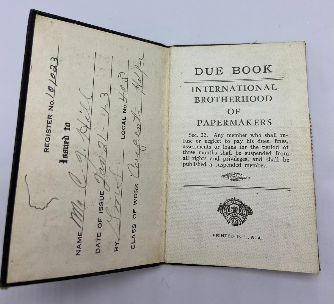 International Brotherhood of Papermakers Due Book w/ Stamps 1943-1947 Local #408