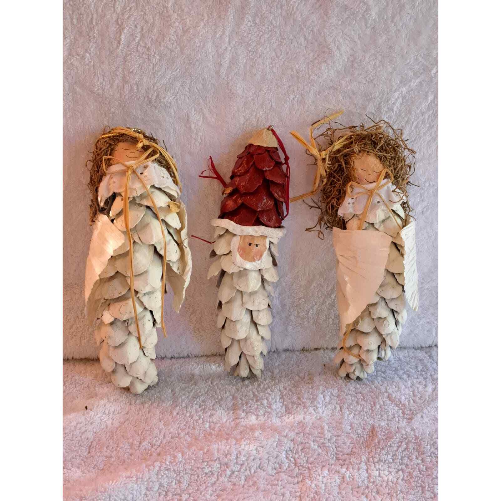 Vintage Hand Made Angel Ornaments Lot of 3 Pinecone Santa Clause Old World Farm
