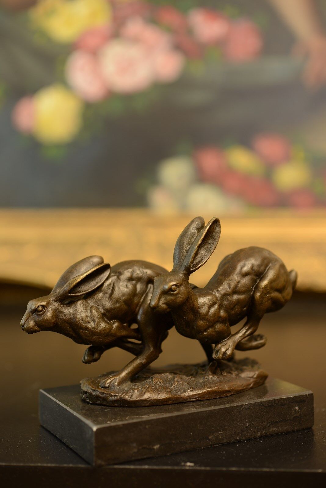 Signed: NICK, Bronze statue Two running rabbits Bronze Sculpture