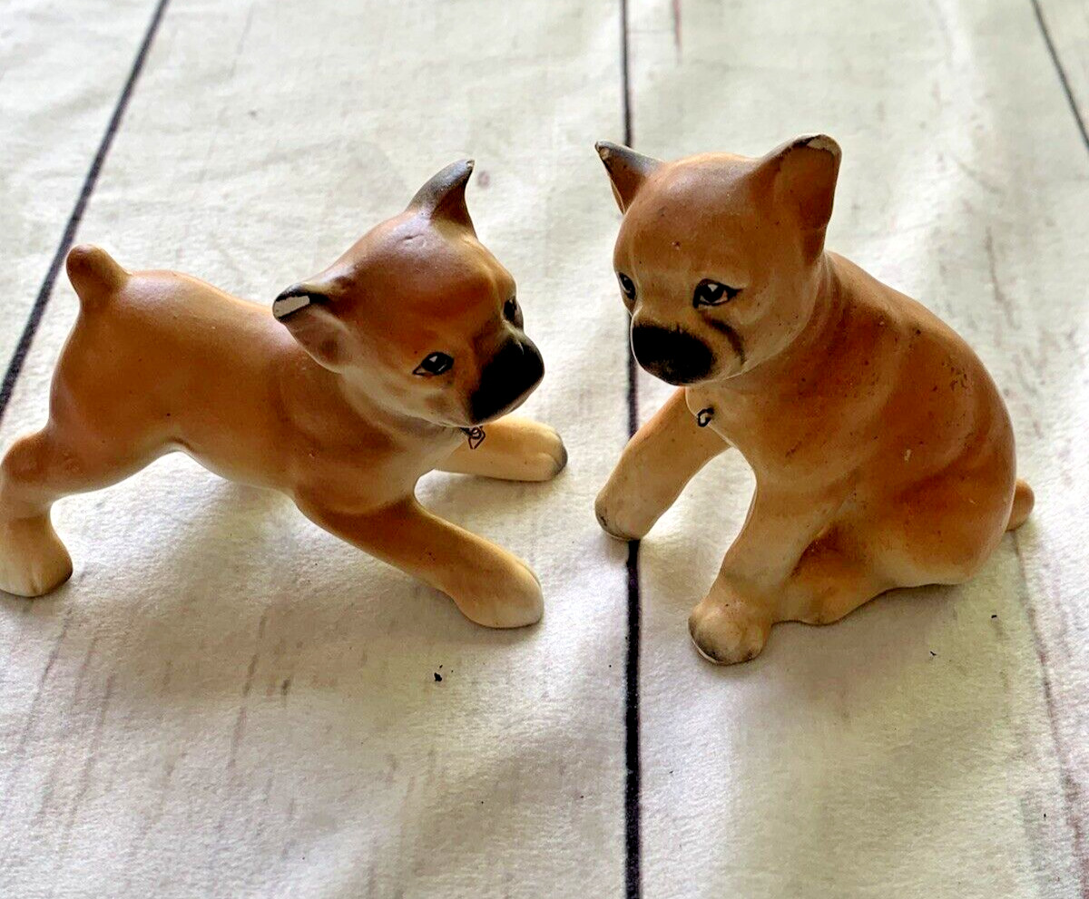 PAIR of BOXER DOGs-Lipper & Mann Porcelain Boxer Puppies Figurines VINTAGE JAPAN