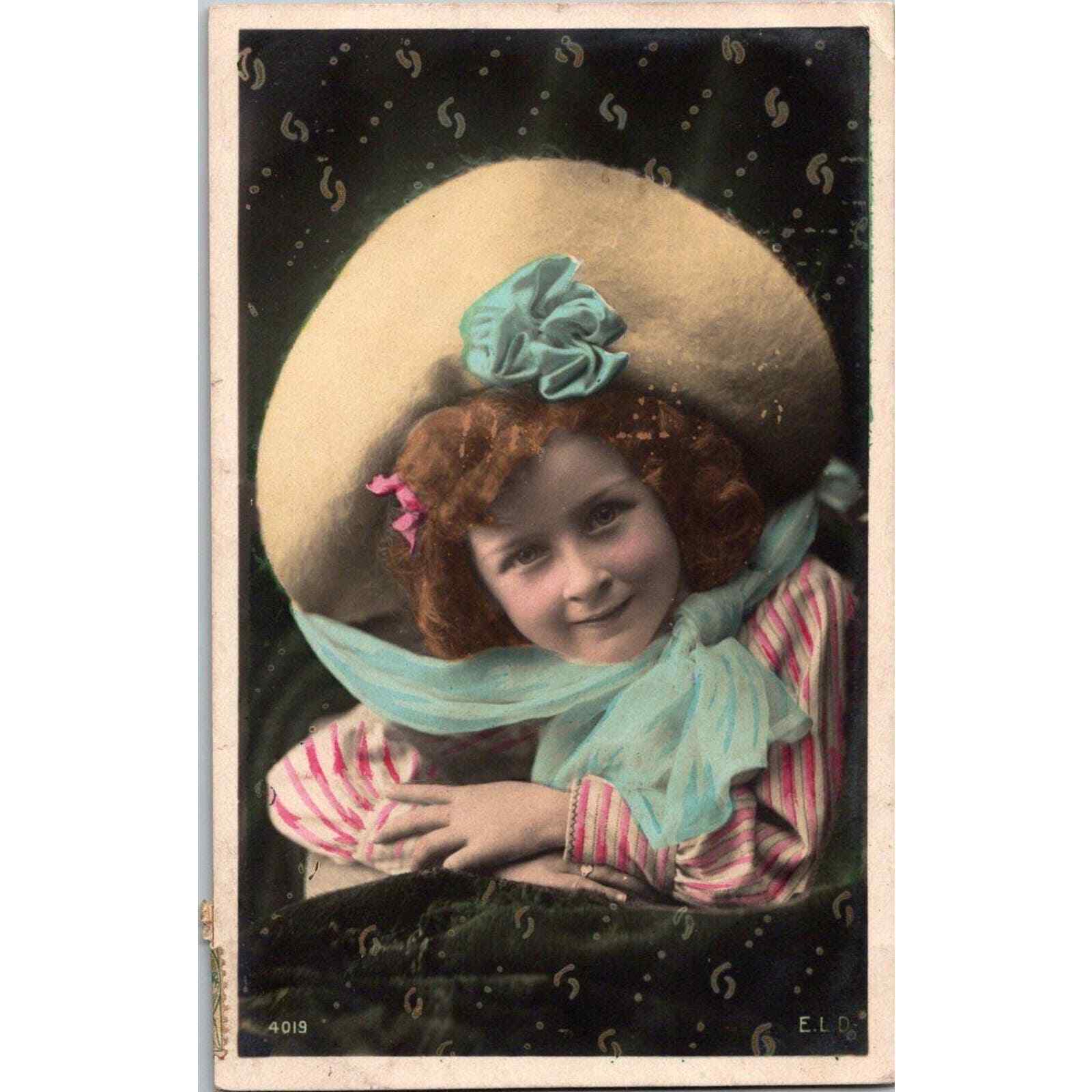 Vintage Edwardian Postcard Adorable Girl with Huge Hat and Scarf RPPC 1900s