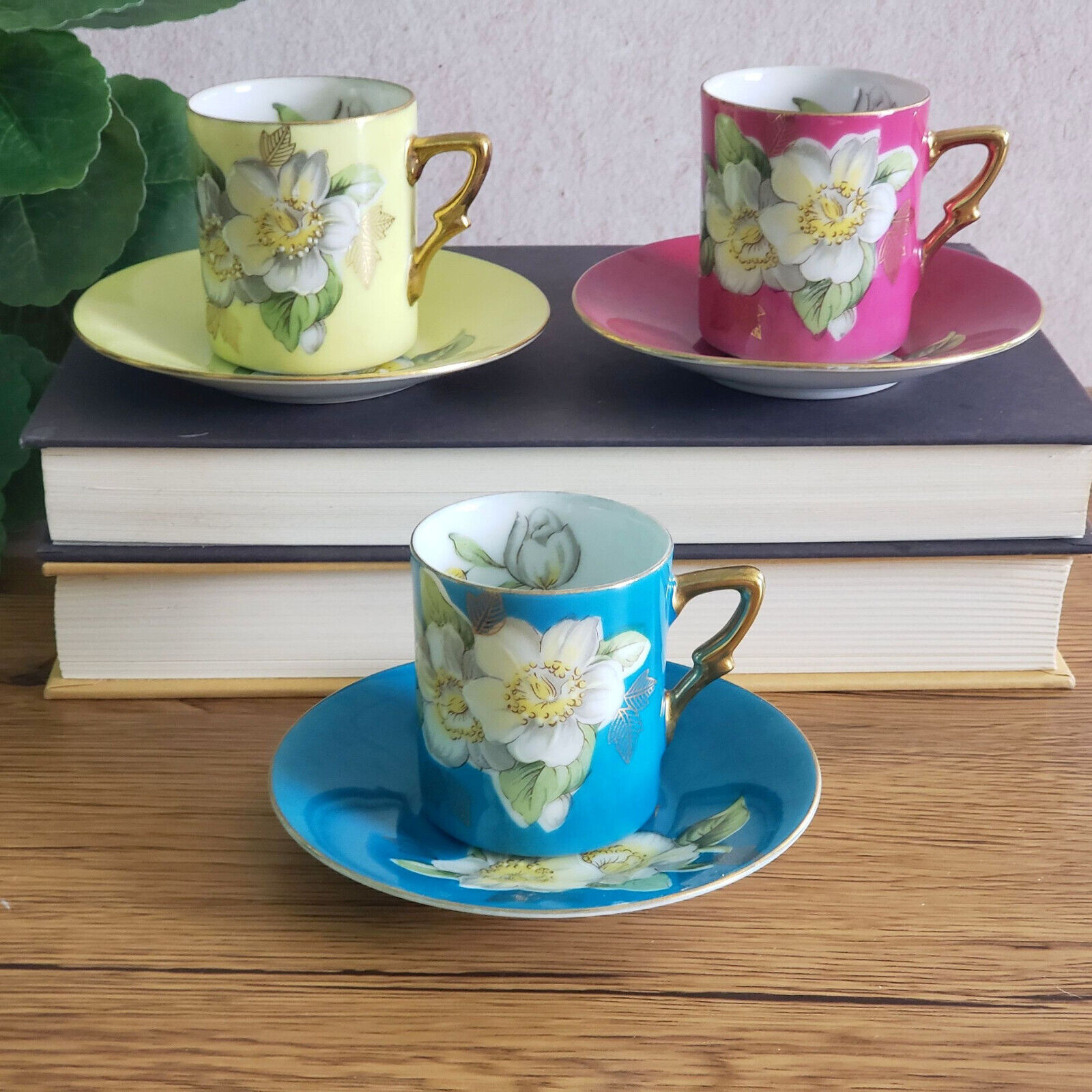 Three Vintage Demitasse Espresso Cups and Saucers Lotus Floral Pink Blue Yellow