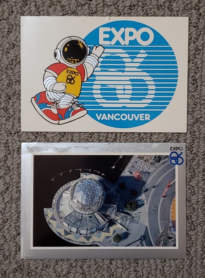 1986 World Expo Vancouver Canada Two 2 Unposted Postcards Ernie Mascot Overhead
