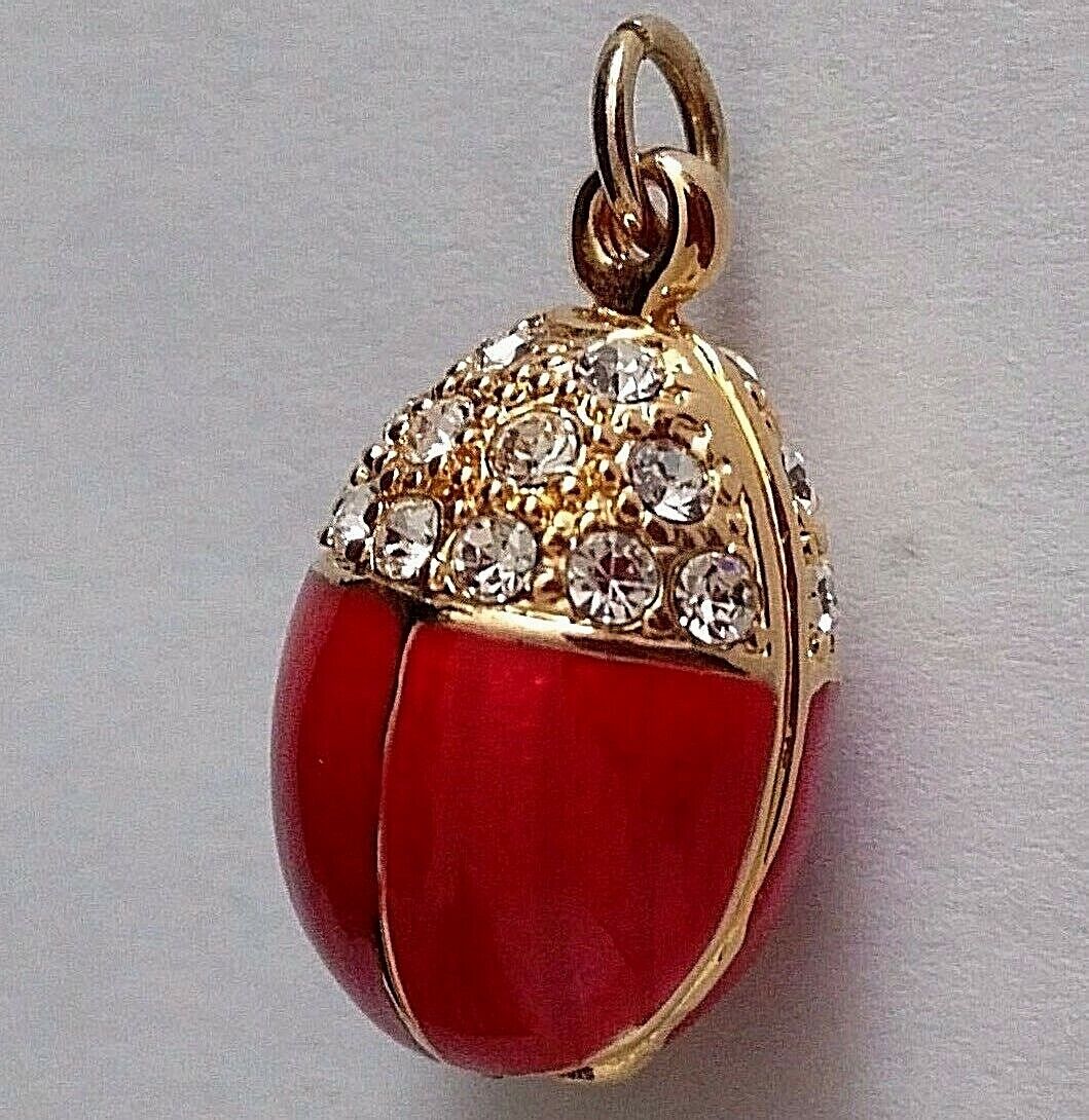 Faberge inspired Red Enameled Crystal Egg Pendant Bracelet Charm Locket New