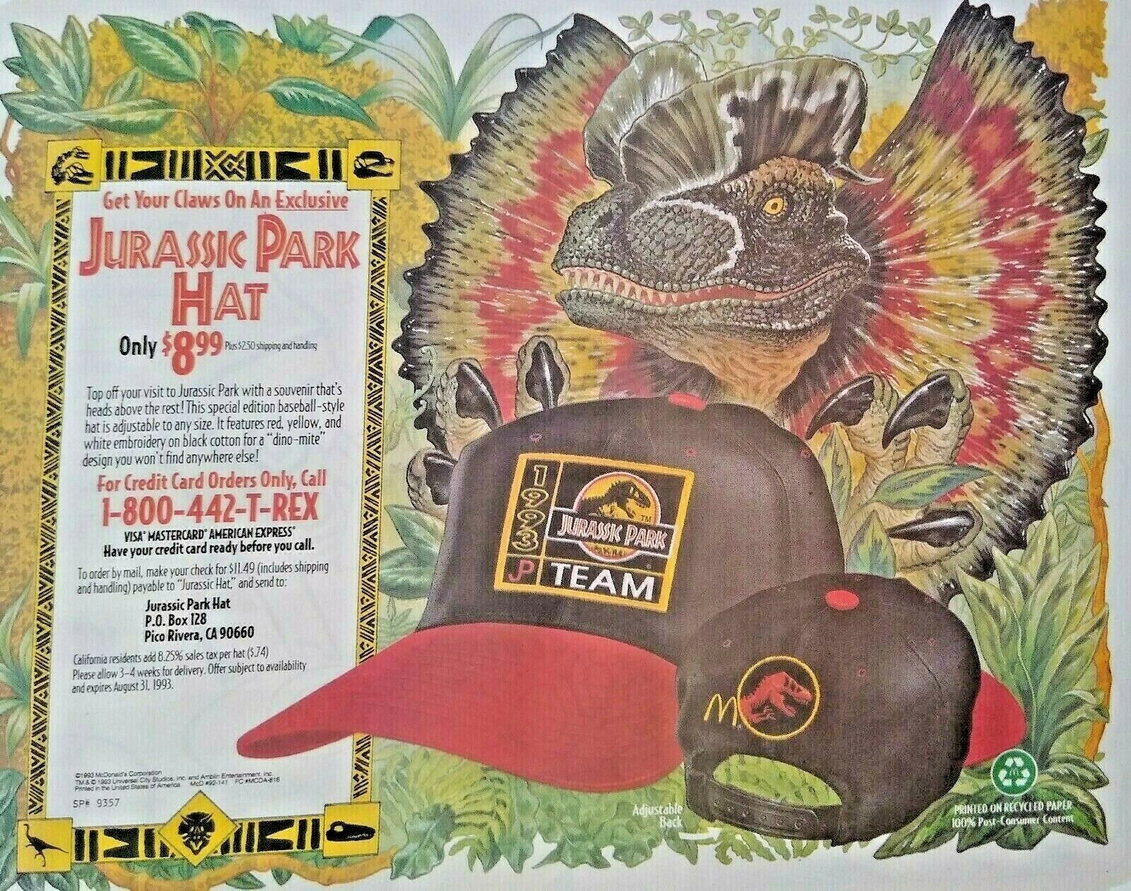 VINTAGE 1993 JURASSIC PARK/McDonald’s VERY HARD TO FIND PLACEMAT - BRAND NEW
