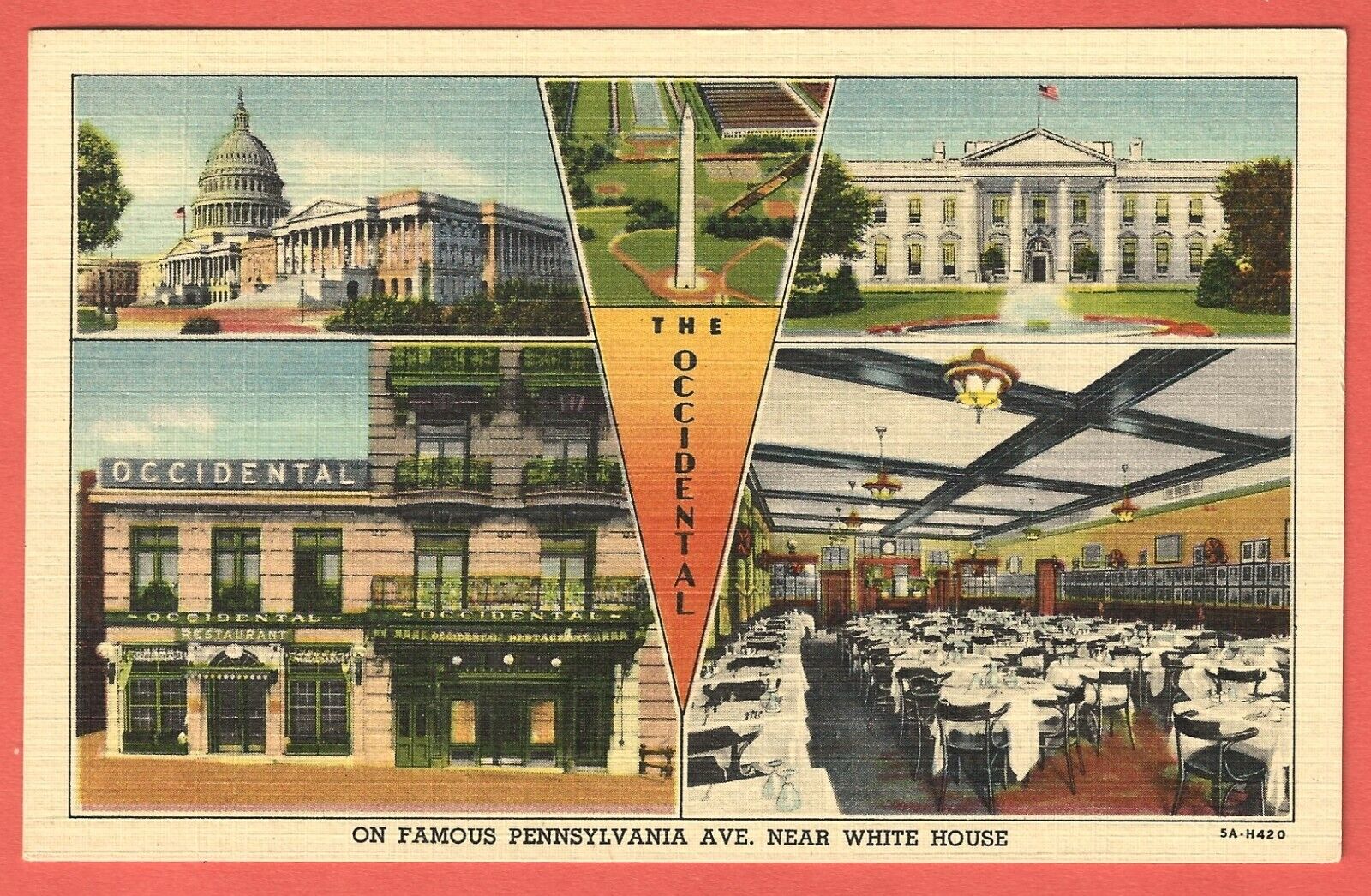 THE OCCIDENTAL, PENNSYLVANIA AVE., WASHINGTON, D.C. - 1935 Linen Postcard