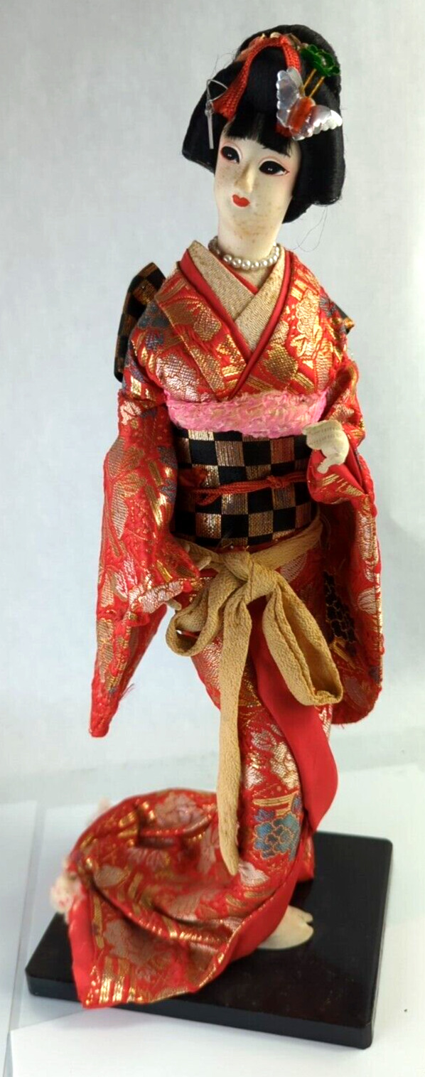 Vintage Japanese Geisha Doll Red Silk Kimono 15 inches, See Pics