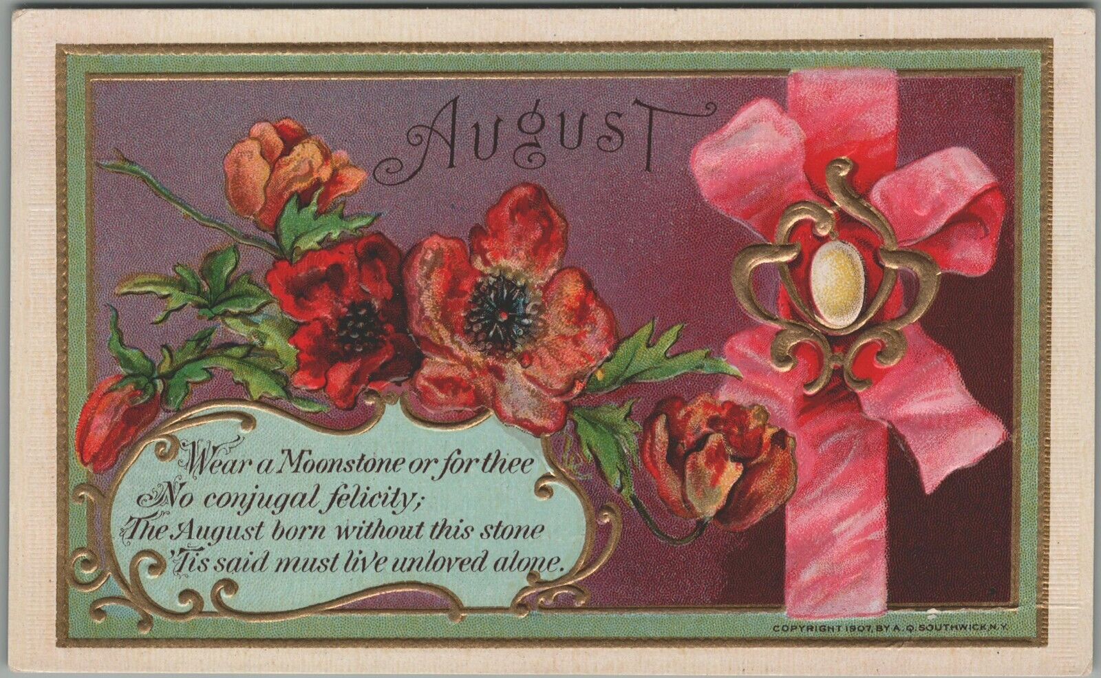 August The August Born Embossed Flowers Ribbon Poem Vintage Postcard