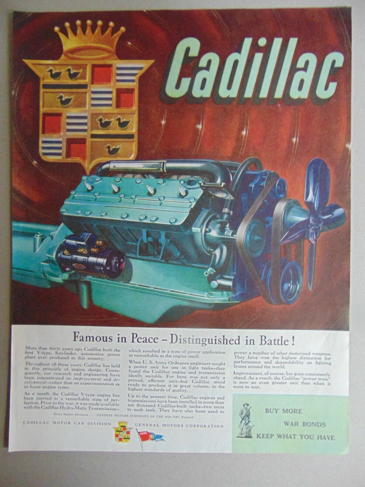 1945 CADILLAC ENGINE Famous in War and Peace vintage art print ad