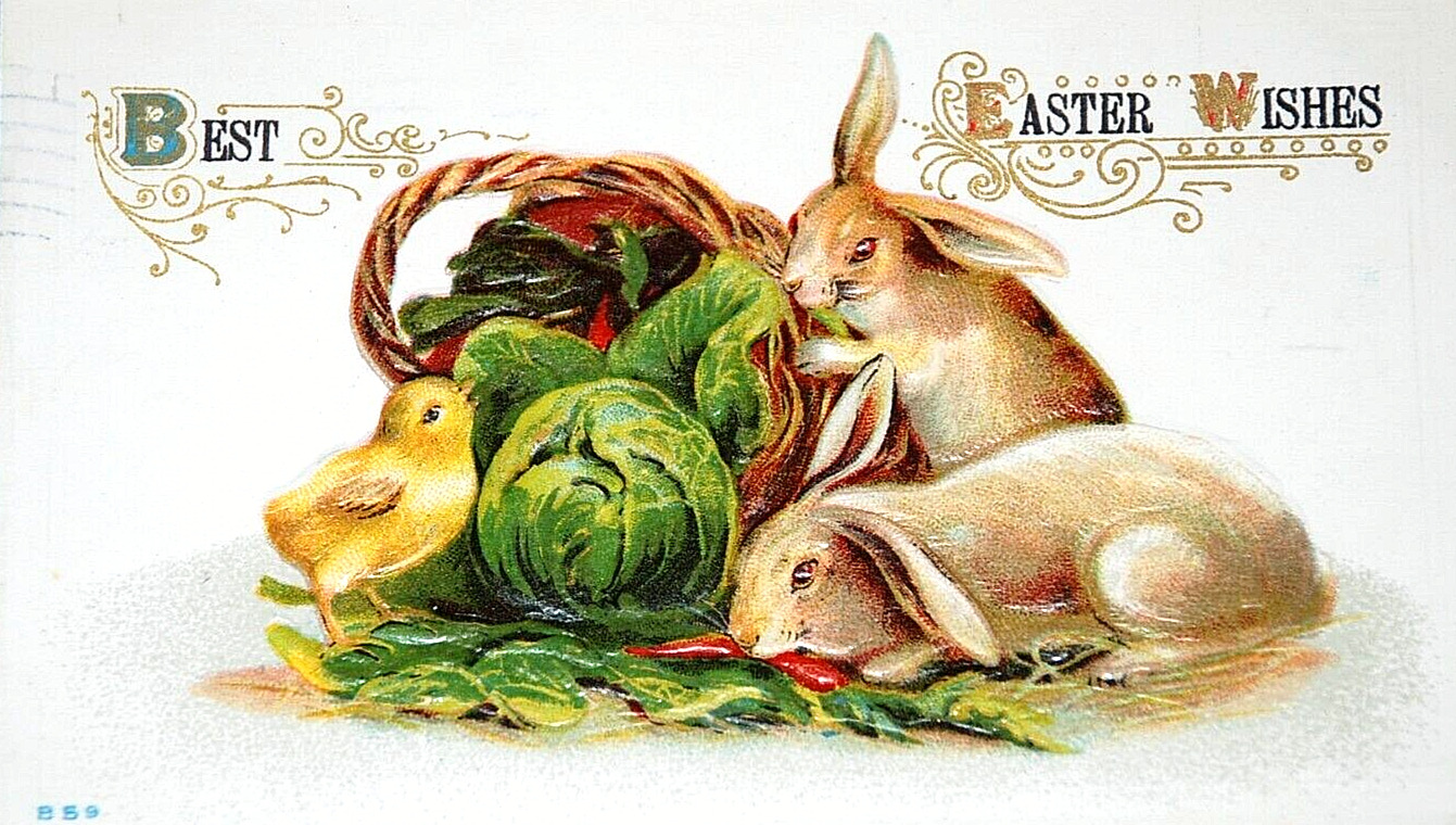 Best EASTER Wishes Postcard Antique 1913 Embossed Bunny Rabbits Chick B59 Posted