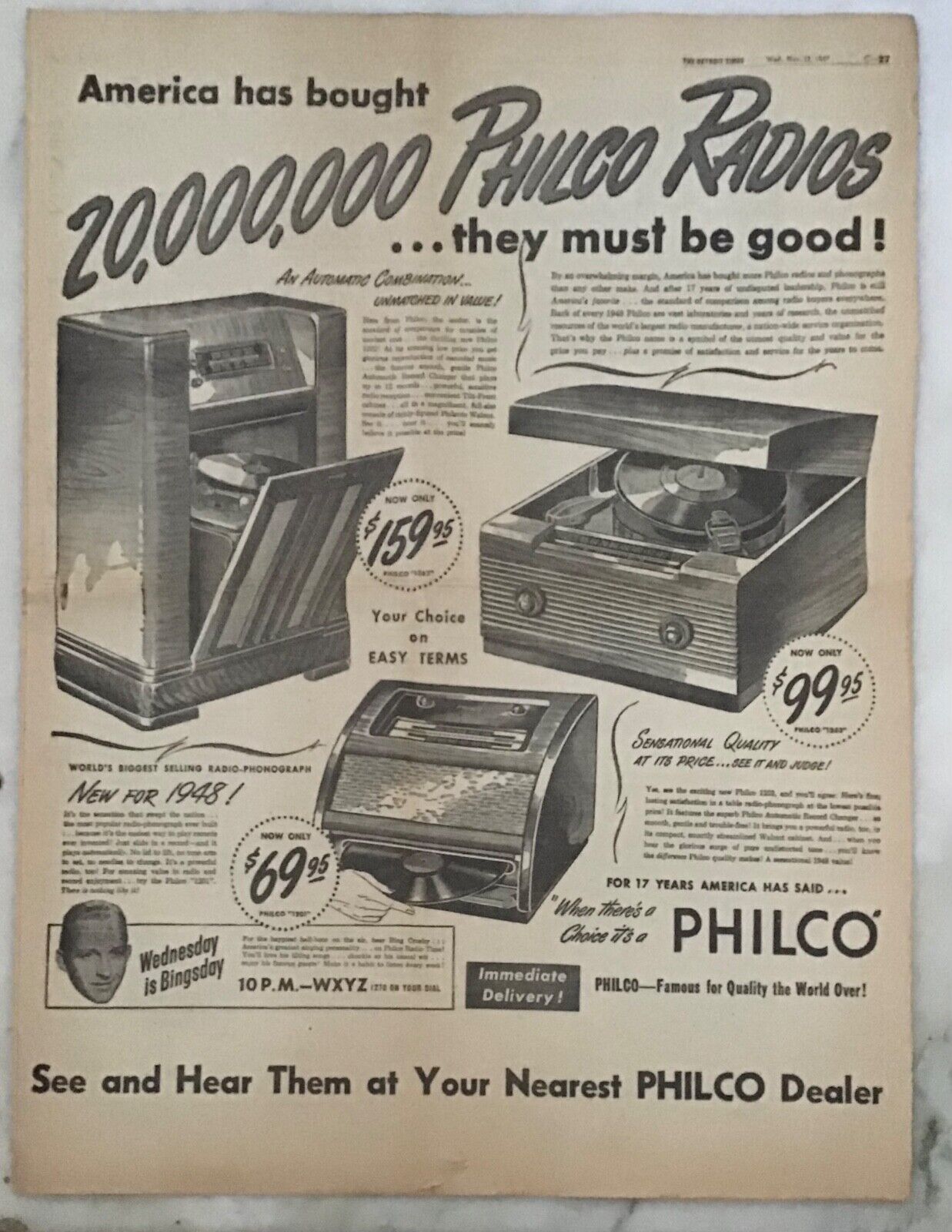 1948 full page newspaper ad for Philco Radio Phonos - models 1262, 1201, 1253