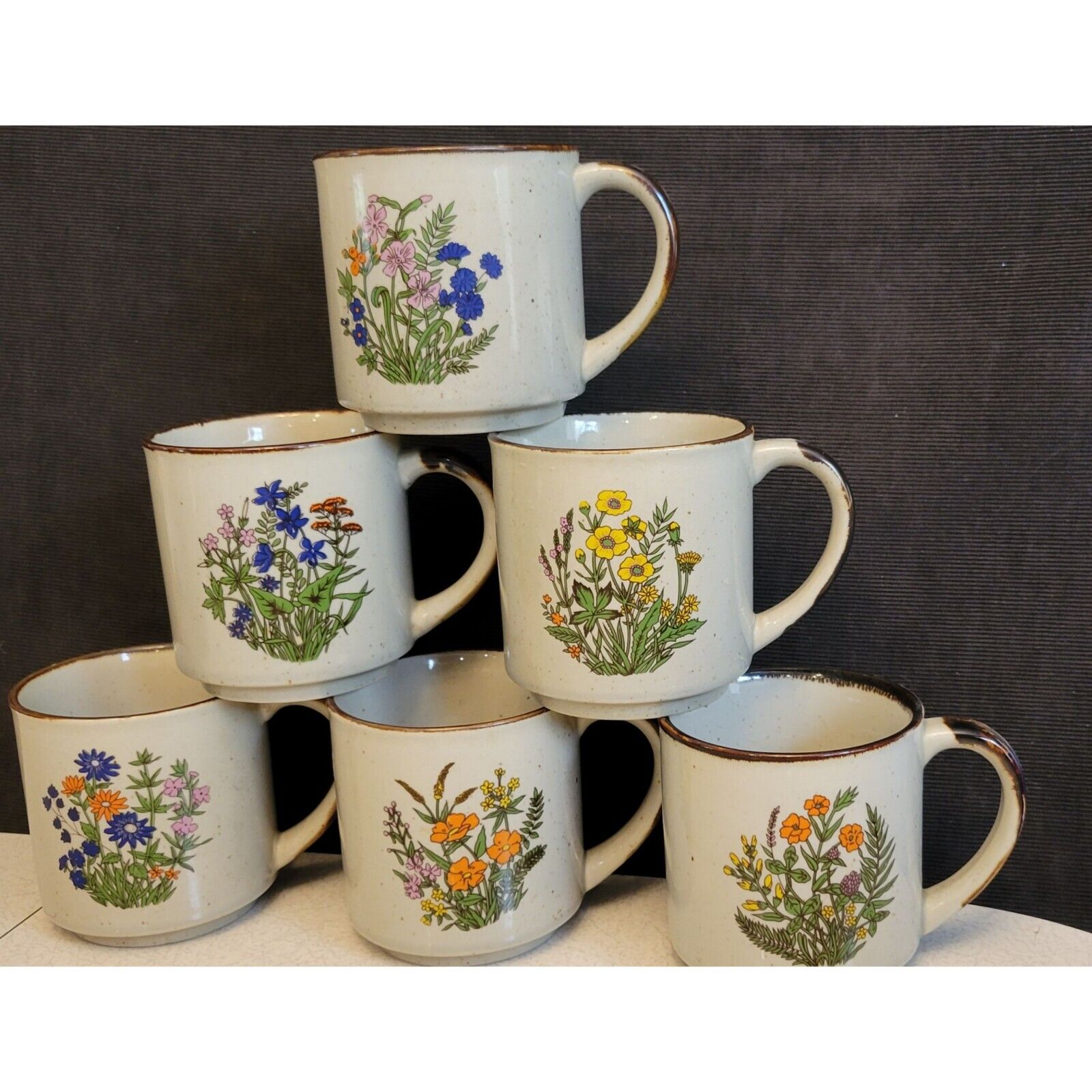 Set of 6 Vintage Otagori Coffee Mugs Speckled Stoneware Wildflowers Japan EUC