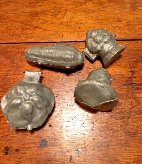 4 Antique Vintage Hinged Pewter Ice Cream Chocolate Molds Rare Topiary floral