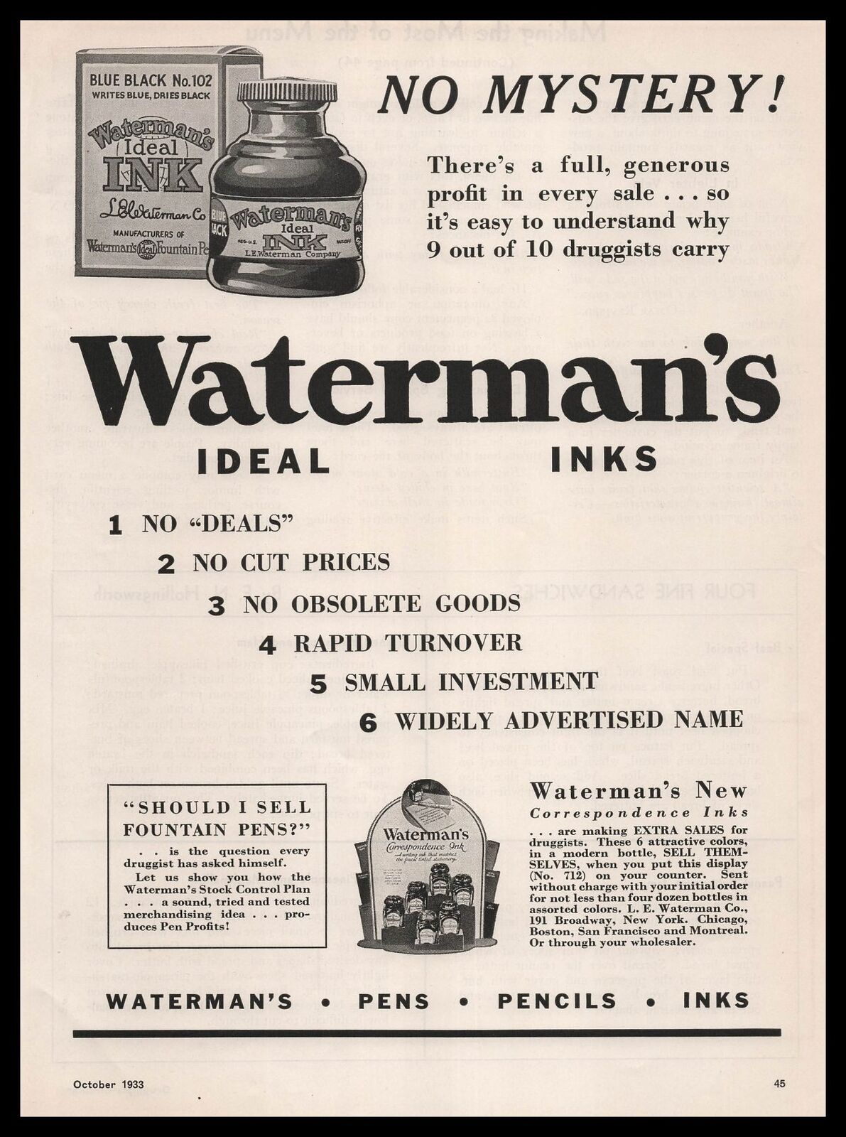 1933 LE Waterman\'s Ideal ink New York Bottles Pens Pencils Inks Vintage Print Ad