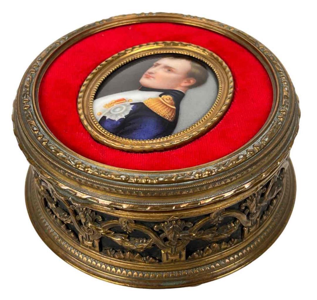 Antique French Napoleon Porcelain Plaque Portrait Gilt Ormolu Footed Casket Box