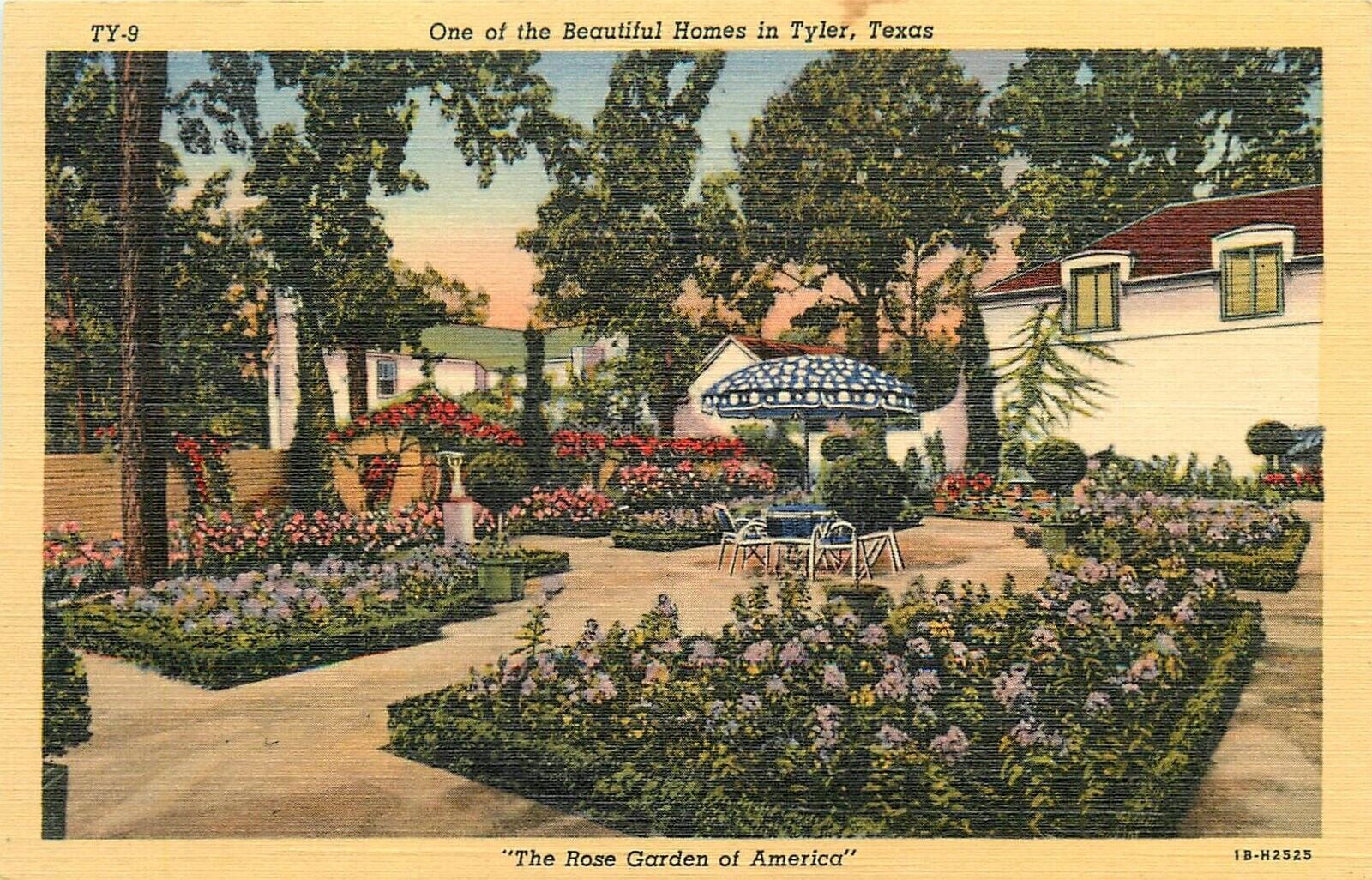 Postcard 1940s Texas Tyler one of beautiful homes rose gardens Teich TX24-4203