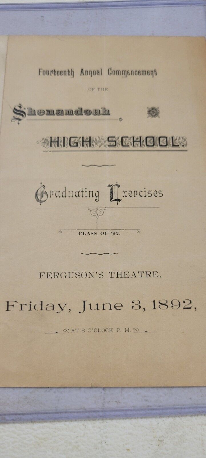 Vintage Historical class of 1892 Shenandoah PA high school advertisement program