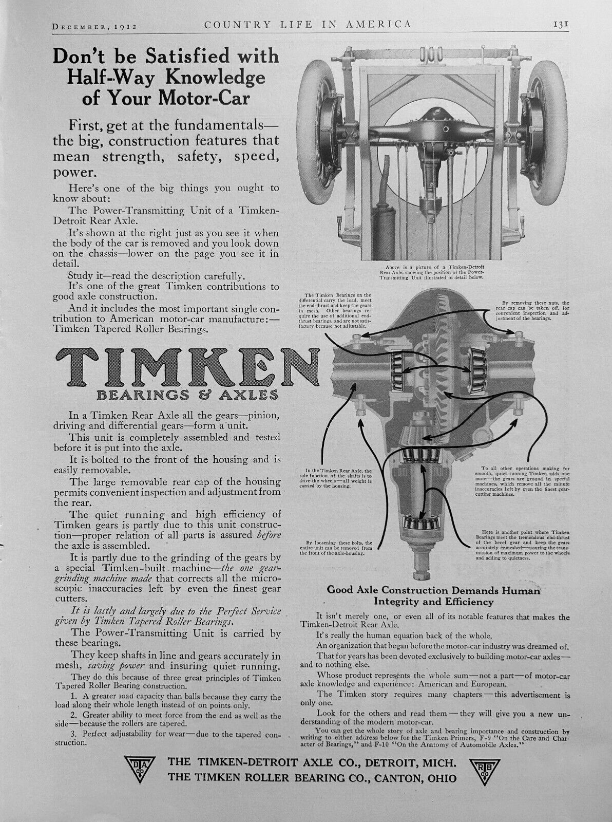 Timken Roller Bearing & Detroit Axle Ad 1912, Detroit, MI & Canton, OH