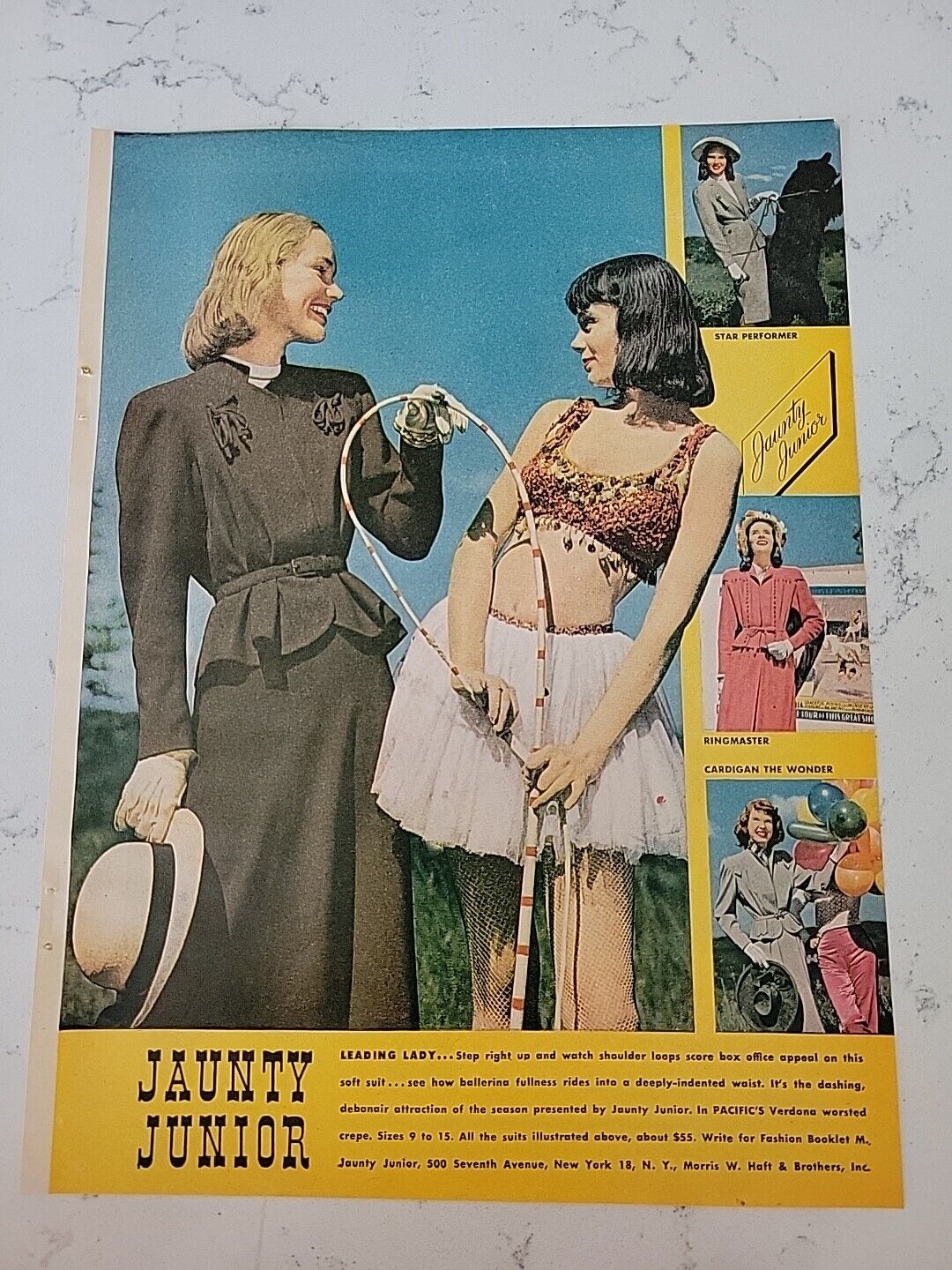 1947 Womens Jaunty Junior Clothing Circus Girl Performer Fishnets Vintage ad