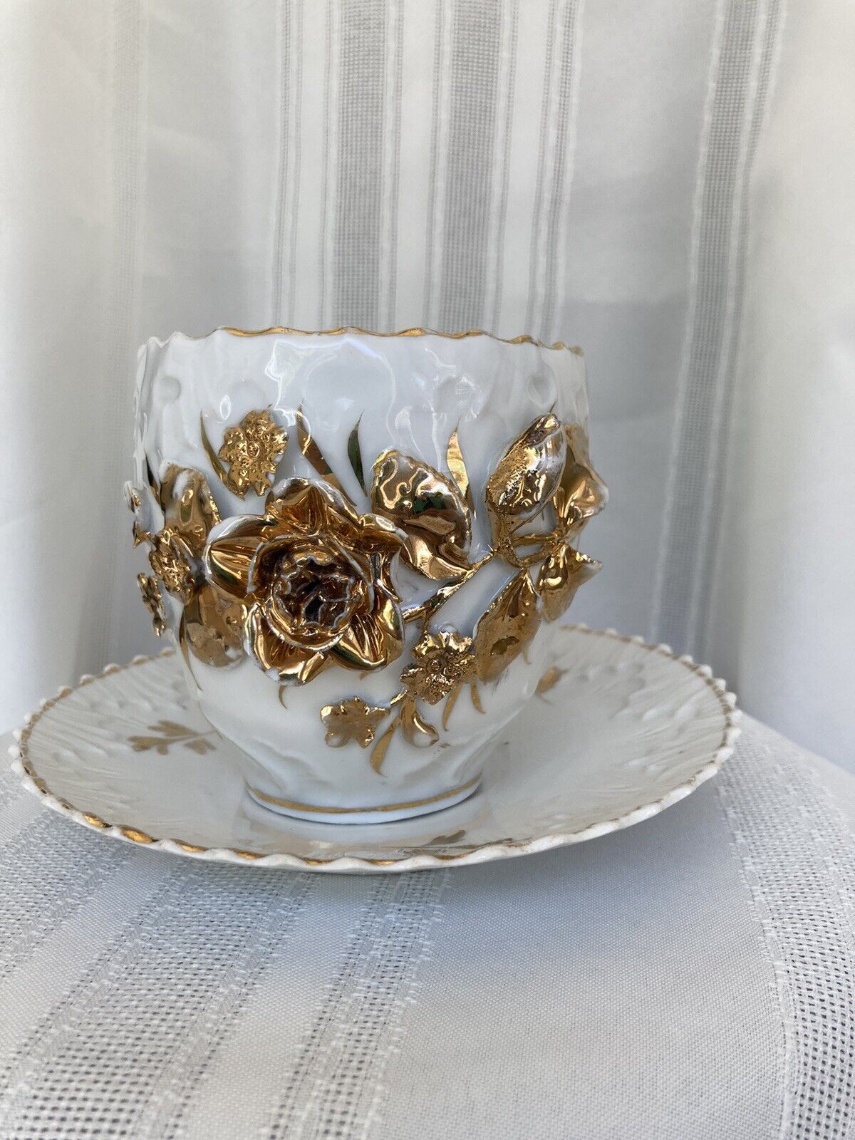 Vintage White & Gold Roses Mustache Teacup