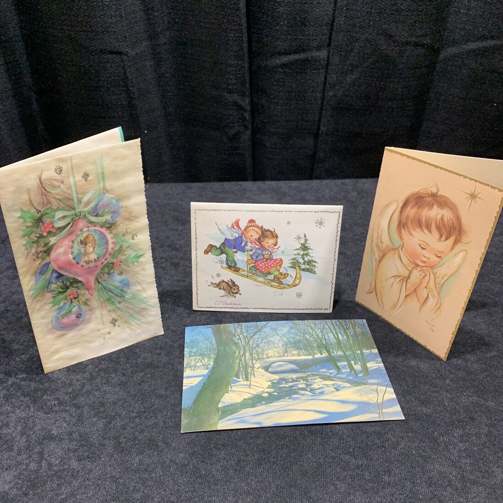4 Vtg Christmas Cards CORONATION COLLECTION. Angels, Ornaments, Sleds