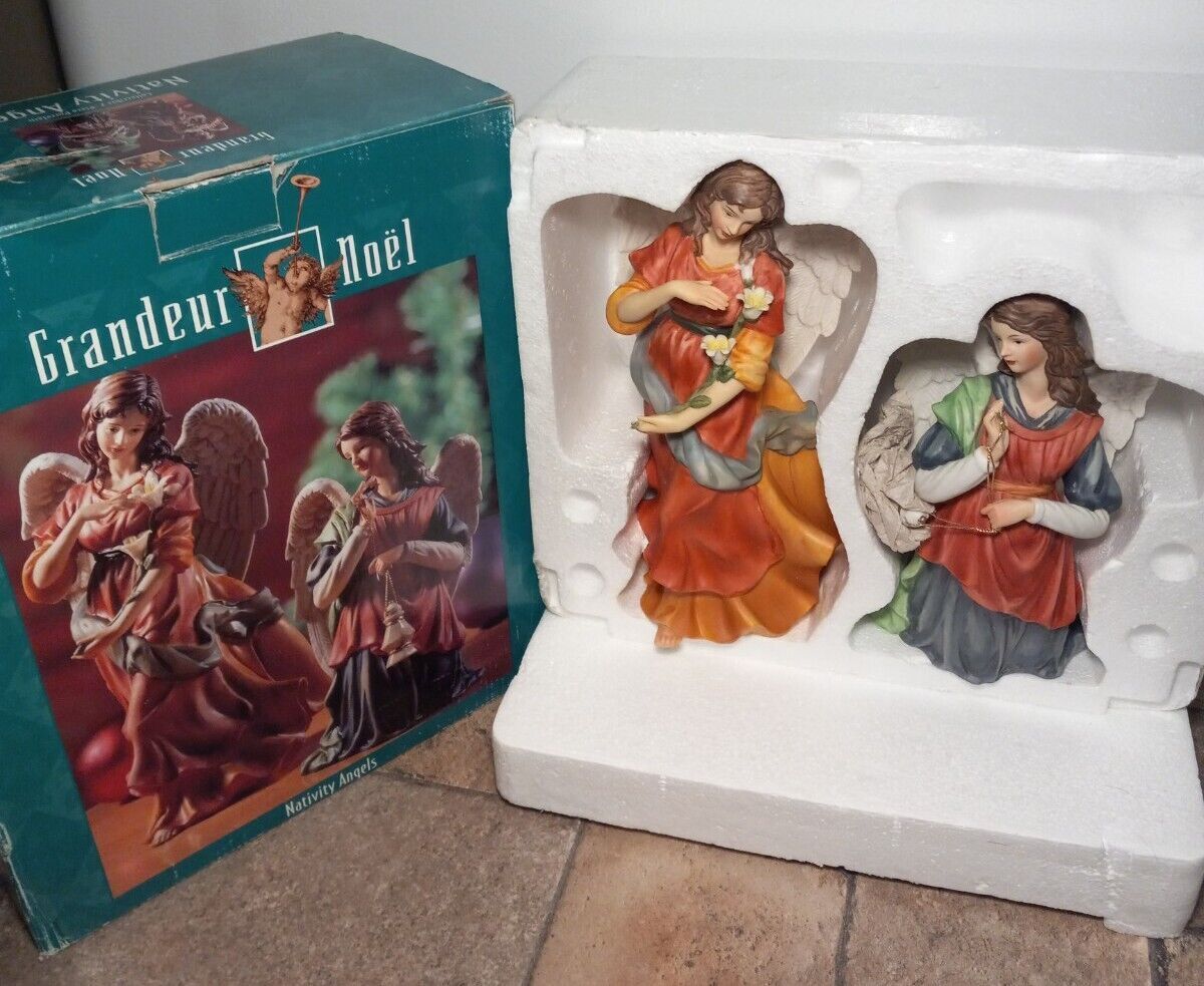 Vintage 1990s Grandeur Noel Christmas Porcelain Nativity Angel Figurines w/Box