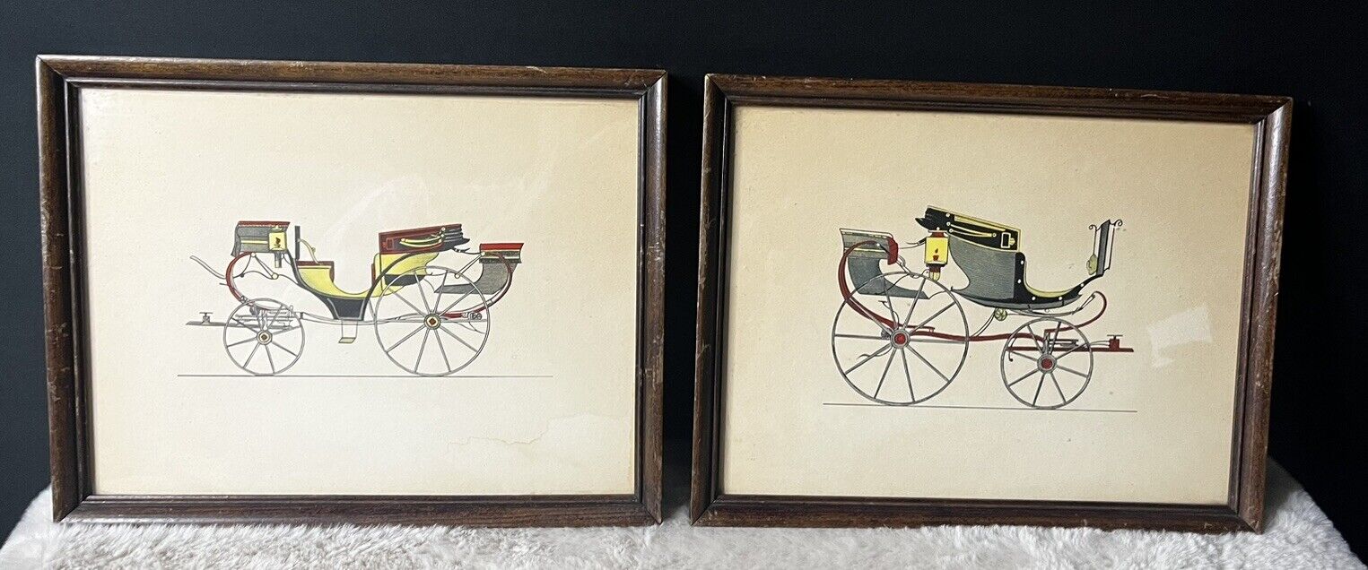 Pair Vintage Framed Historic Art Buggy Carriage Picture Painting Drawing