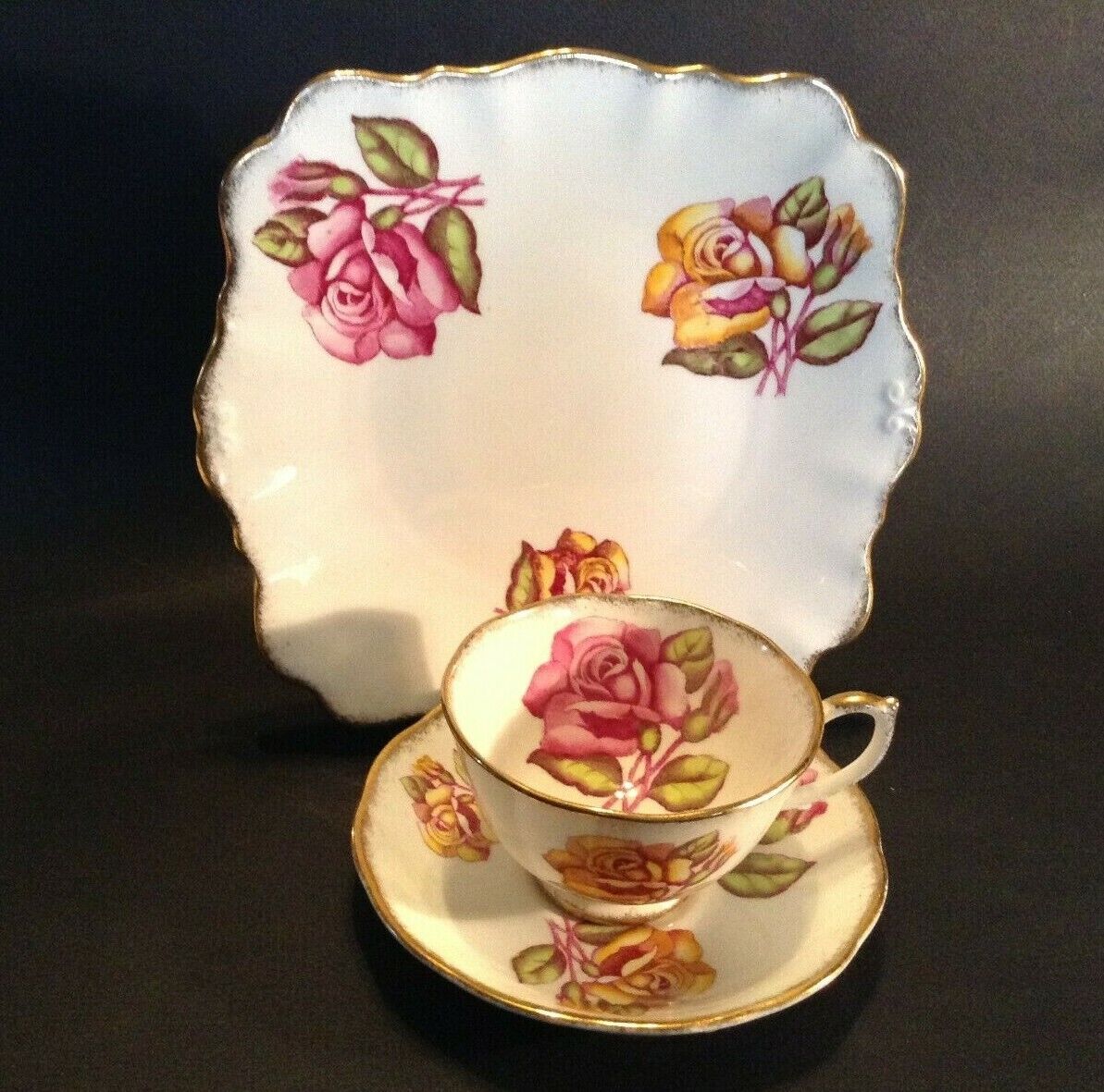 Roslyn Cup Saucer & Square Handled Dessert Plate - Pink & Yellow Roses - England
