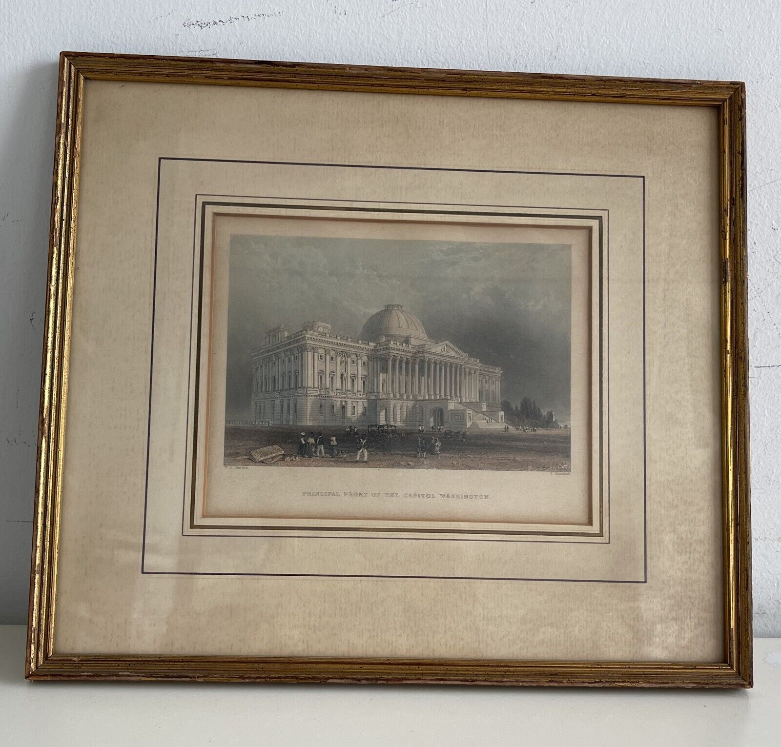 Antique 1838 Engraving Print Principal Front Of The Capitol Washington DC Framed