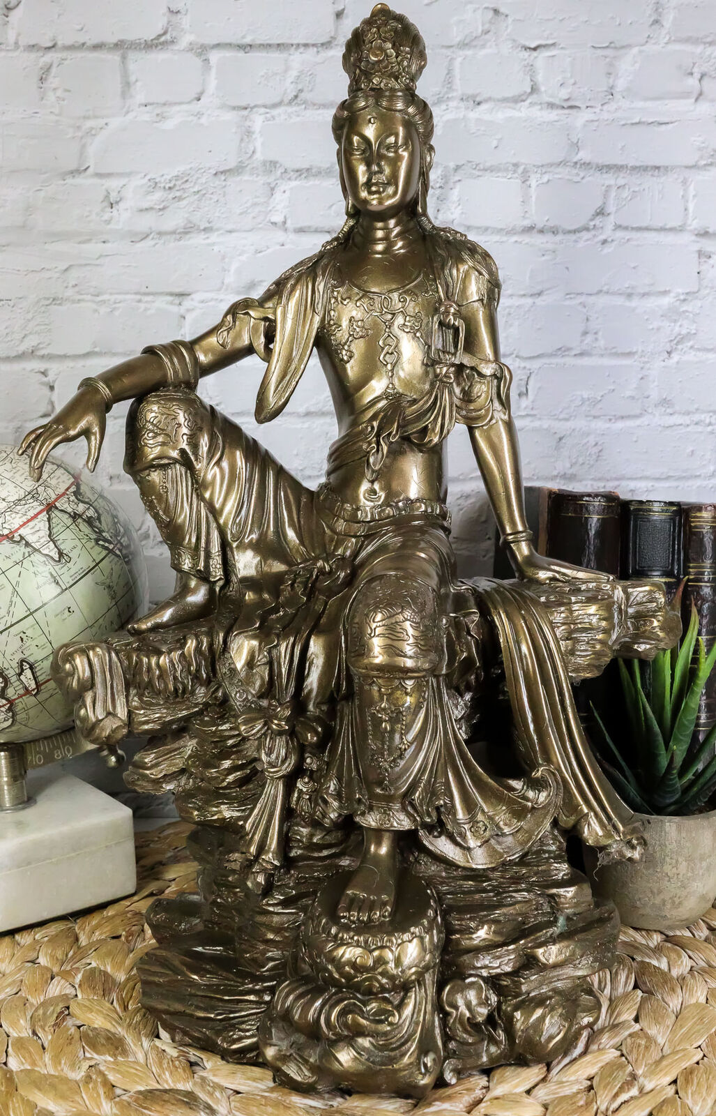 Water And Moon Goddess Kuan Yin Bodhisattva Sitting In Royal Ease Statue 13.75\