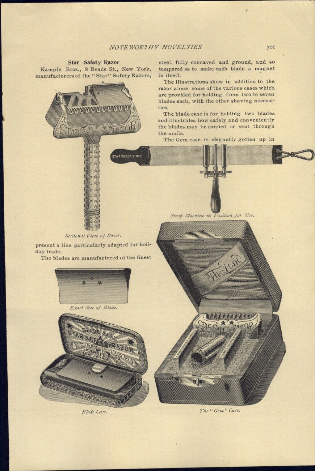 1895 PAPER AD 2 Sided Article Star Safety Razor The Gem Travel Case 