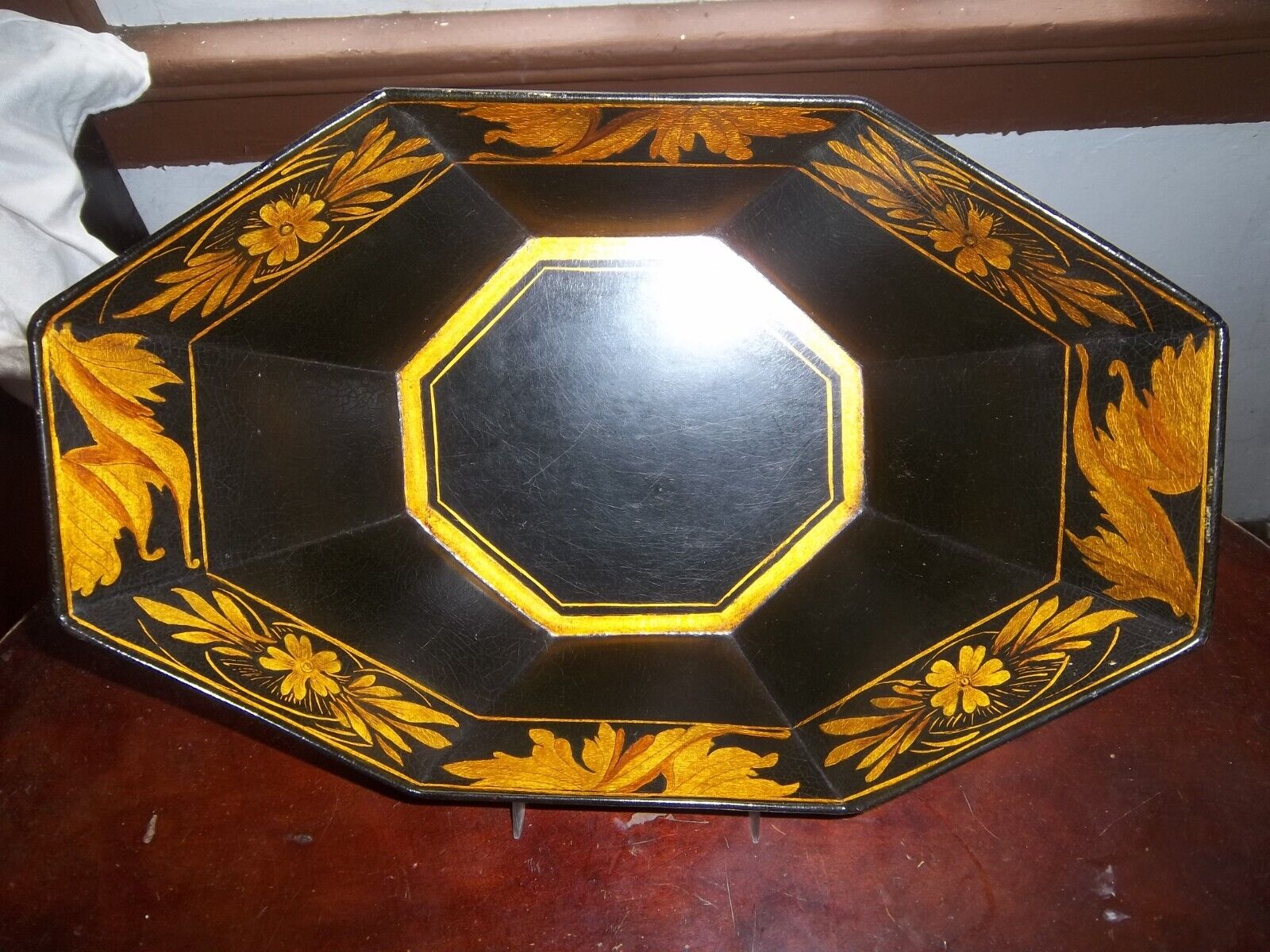 Beautiful French or English Toleware Tray Basket Black Bronze Gold Hand Painted