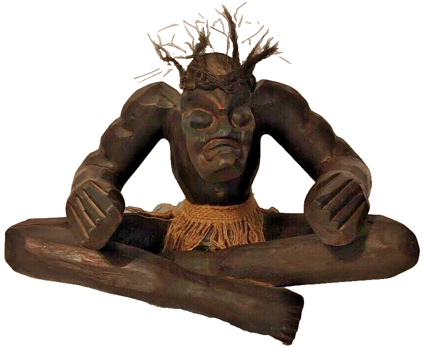 Hand-Carved Sitting Tiki Man Wood Statue Decor - 12\