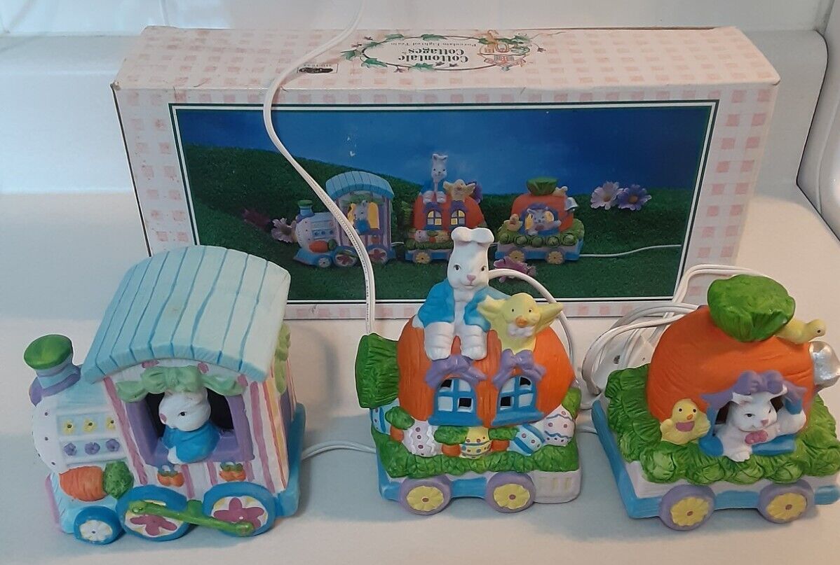 Vintage CottonTale Cottages Easter Bunny Train Lighted Collectible Works Boxed 
