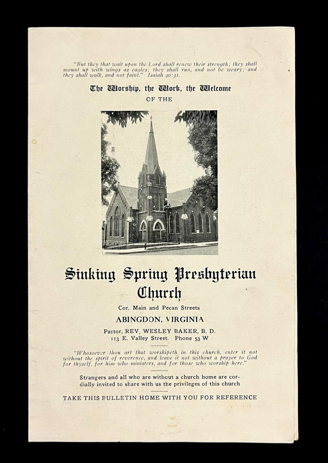1919 Abingdon VA Sinking Spring Presbyterian Church Antique Service Bulletin