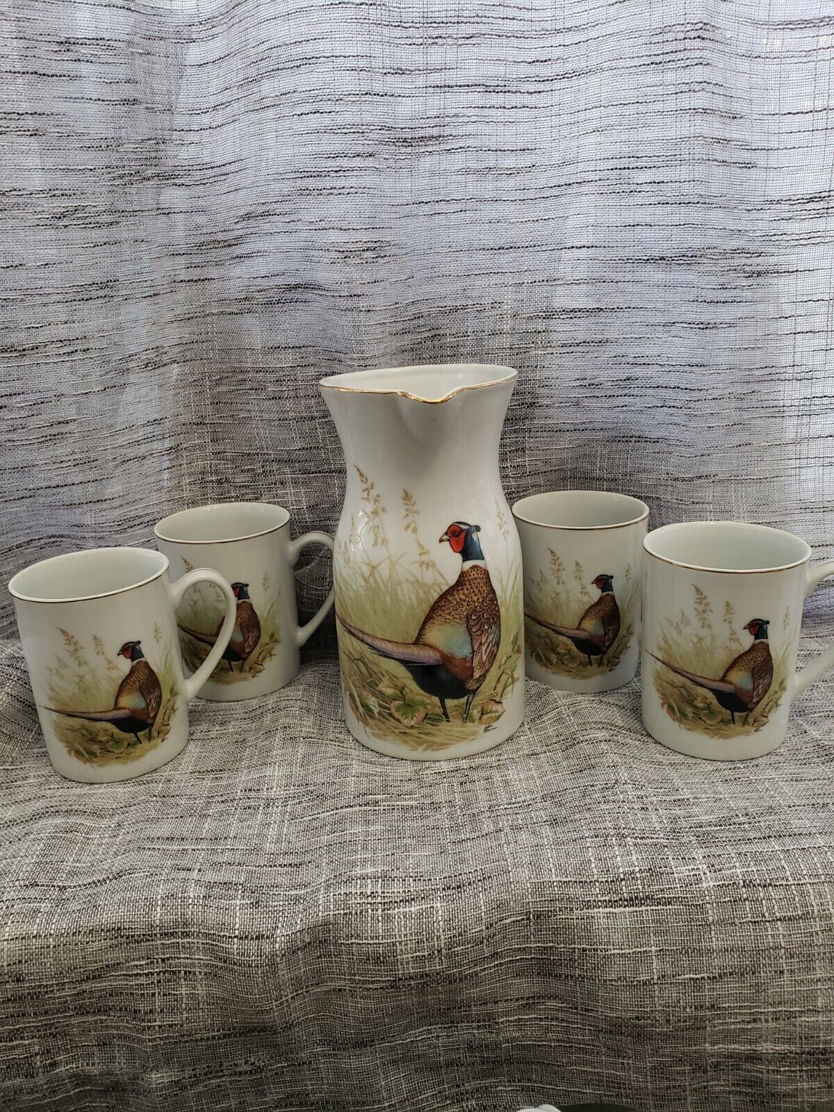 5PC VTG RARE Ned Smith Wild Game Birds Pheasant Pitcher and Mugs Rubel 1981