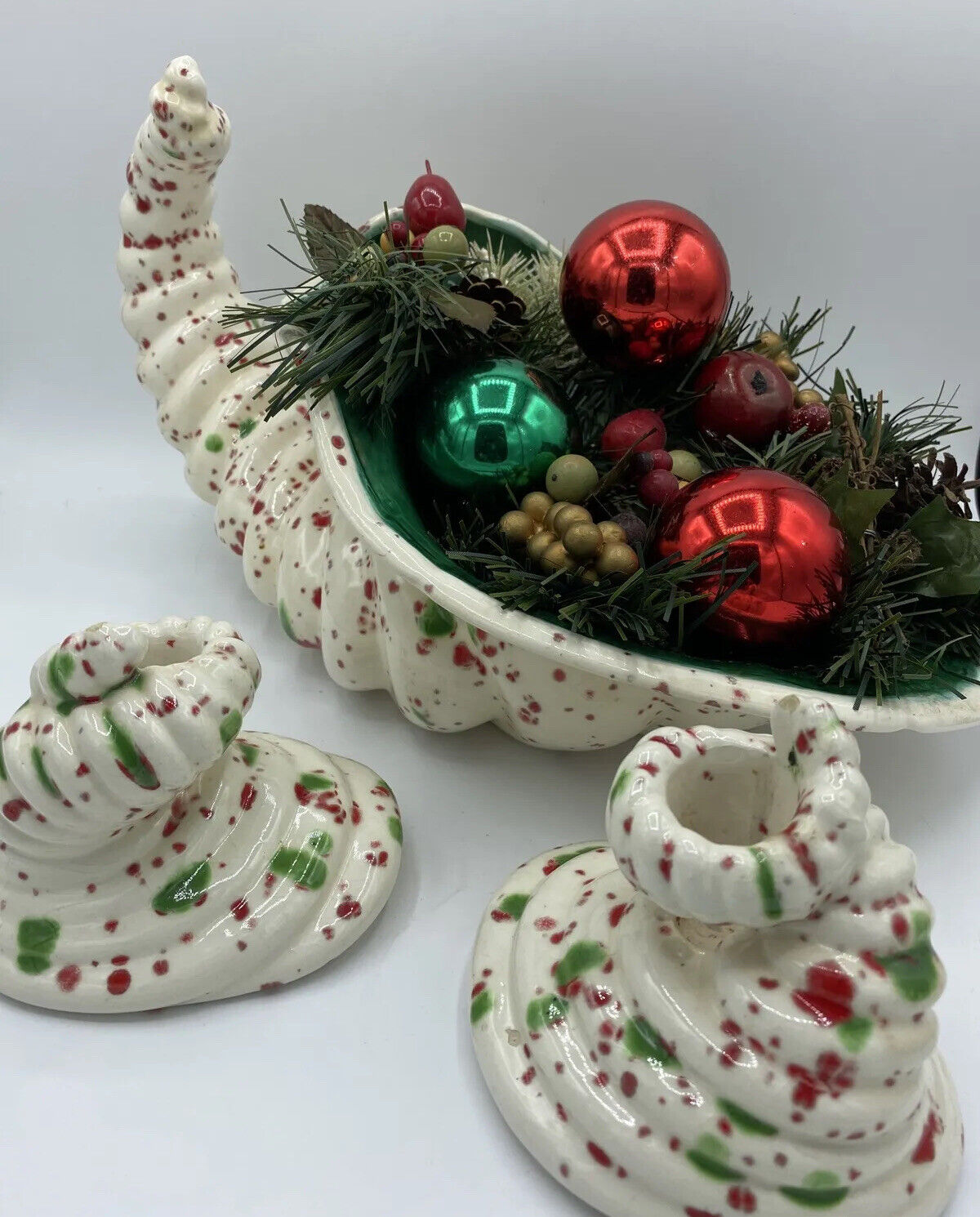 Vtg Speckle Ceramic Cornucopia Centerpiece candle holders Christmas Ornaments