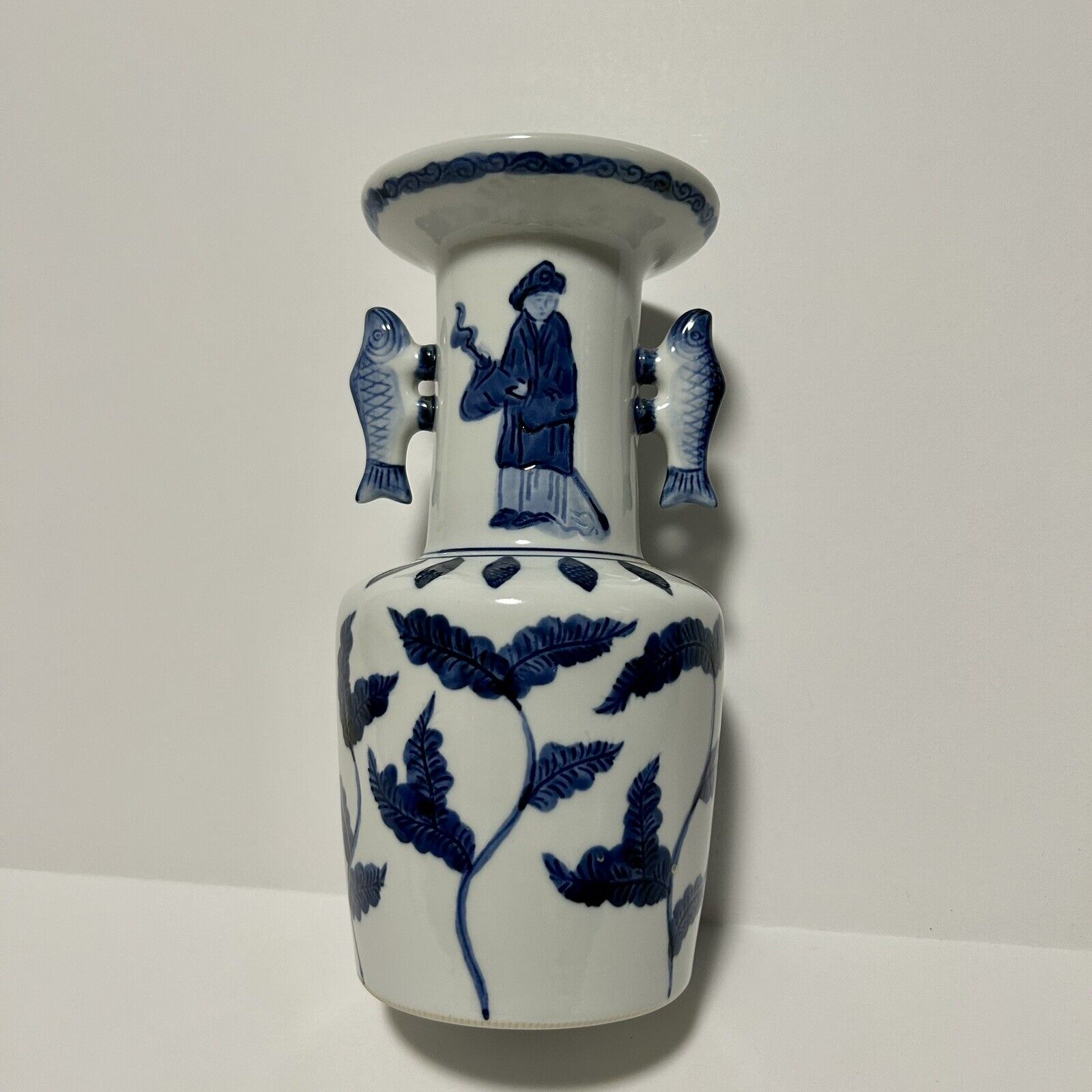 Chinese Blue & White Porcelain Vase With Fish Handles