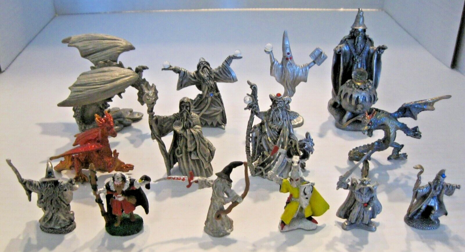 LOT OF 14 PEWTER FANTASY DRAGONS & WIZARDS. SPOONTIQUES HUDSON AND MORE