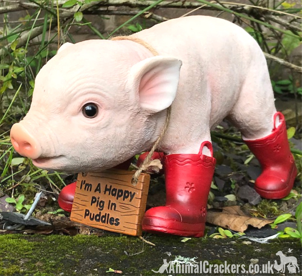 29cm Happy Pig in Red Wellies garden ornament decoration Piglet lover gift