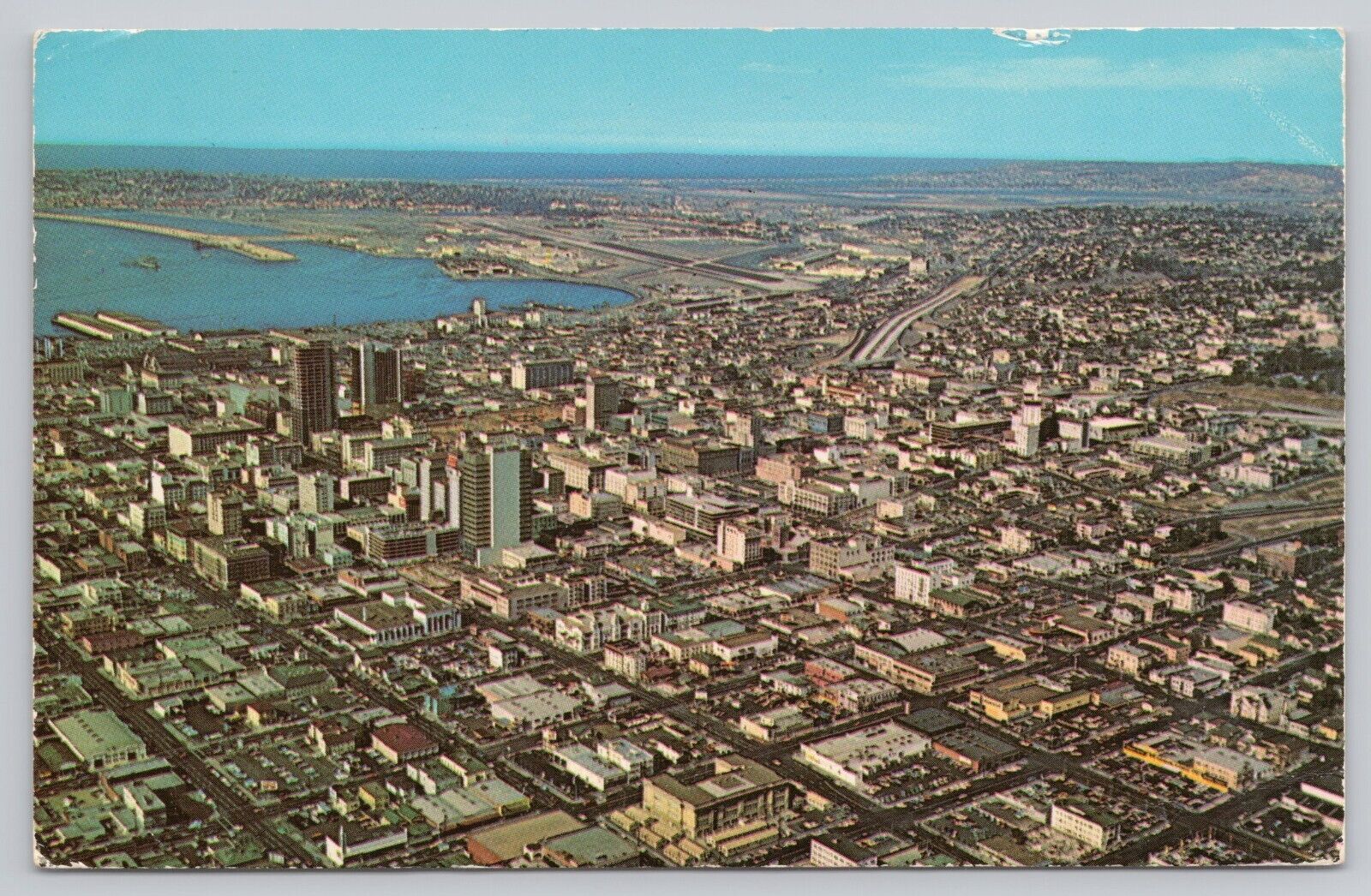 San Diego California, Downtown City Skyline Aerial View, Vintage Postcard