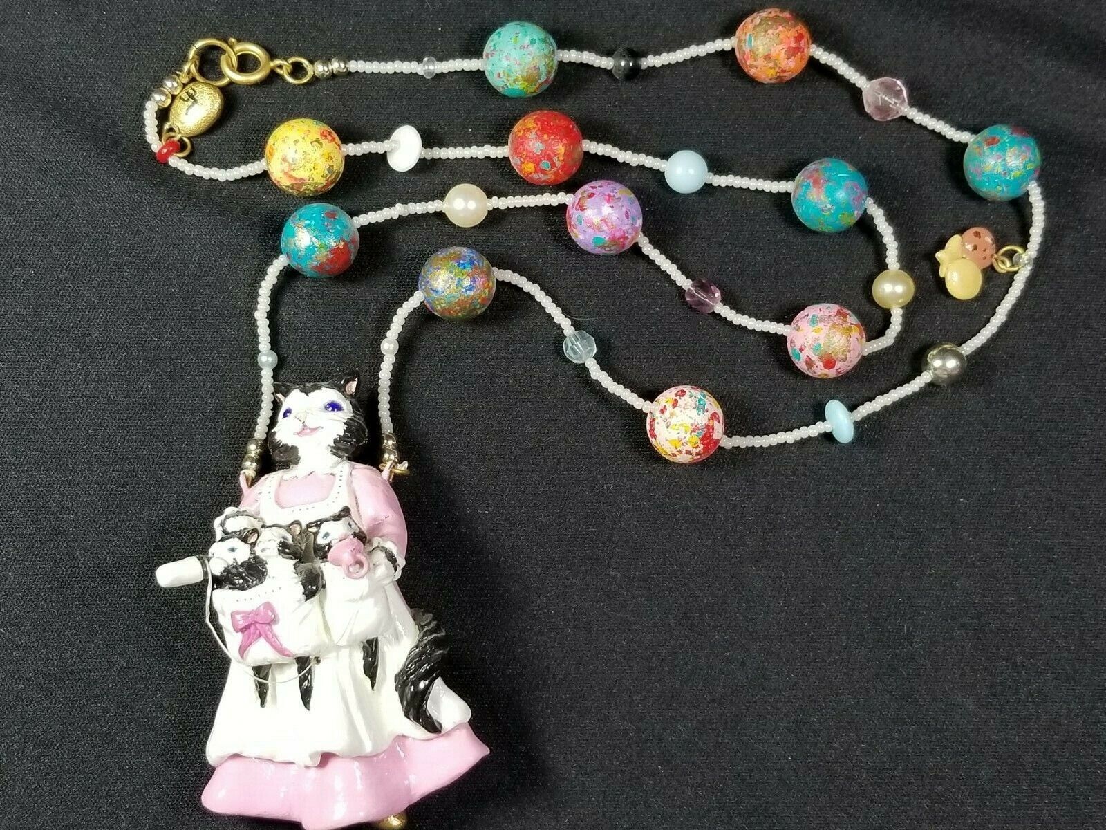 VTG Signed/Dated \'92 Handcrafted Necklace/Mom Cat/Kittens/Removable Bottle Binky
